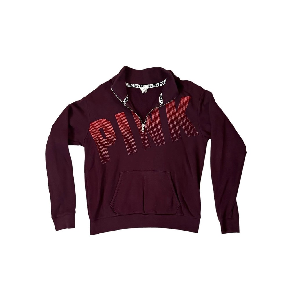 VICTORIA SECRET PINK 1/4 Zip Womens Pullover Sweatshirt Small Maroon Dot Logo